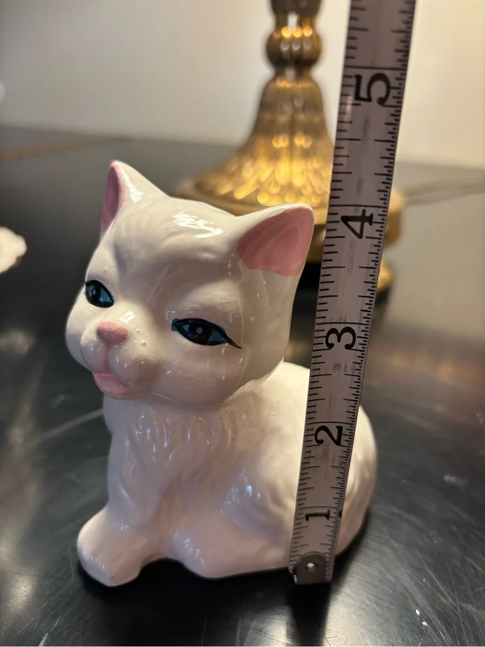 Vintage White Ceramic Cat Figurine with Pink Accents Blue Eyes